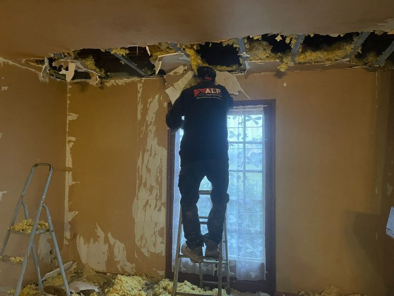 Un salarié ALP vu de dos dépose une partie de plafond depuis une échelle.